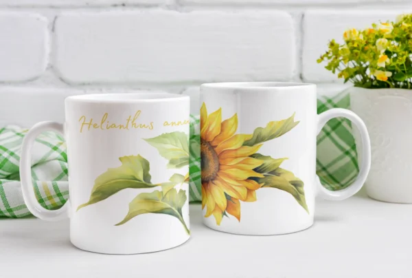 mockup featuring two 11 oz mugs placed by a cloth and a small plant pot m9252 r el2