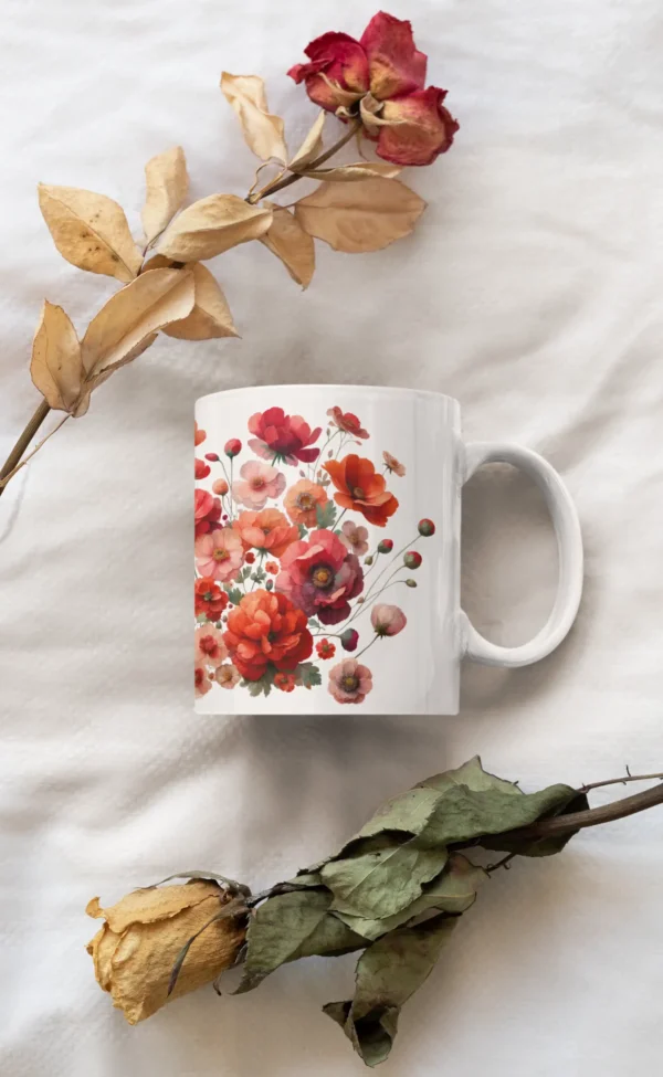 mockup of a coffee mug placed between two dried roses 33917 1