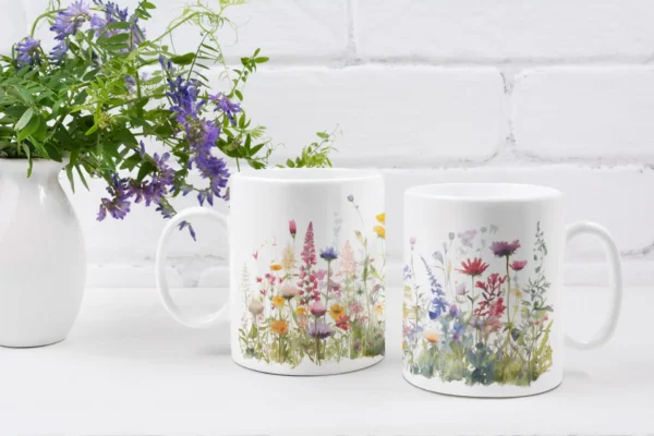 mockup of two 11 oz mugs by a floral centerpiece 43574 r el2